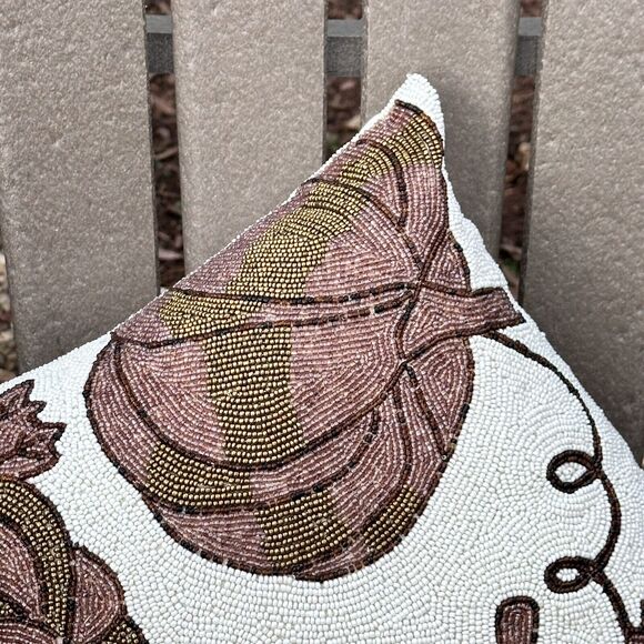 Pumpkin Patch Beaded Gold Pumpkin Throw Pillow Fall Thanksgiving Decor 12" x 12" - Picture 5 of 9